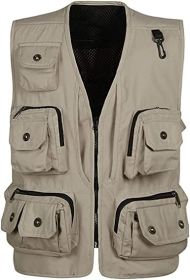 Men's Casual Multi Pocket Cargo Vest Outdoor Work Photography Fishing Vest Jacket (size: BEIGE-XL)