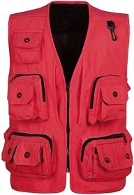 Men's Casual Multi Pocket Cargo Vest Outdoor Work Photography Fishing Vest Jacket (size: RED-S)